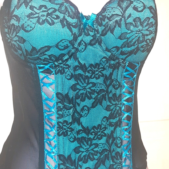 ☆Brand NEW☆Sexy Lace Push-Up Teal Blue & Black Bustier/G-String/Corset Set-Small - Picture 14 of 16